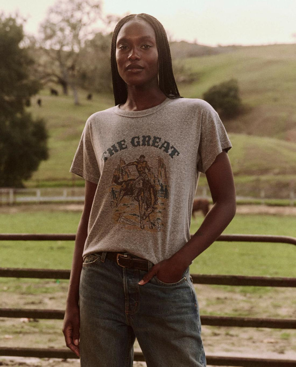 Novelty Tees & Sweats | Women The Great. The Boxy Crew. Graphic Heather Grey With Rodeo Graphic