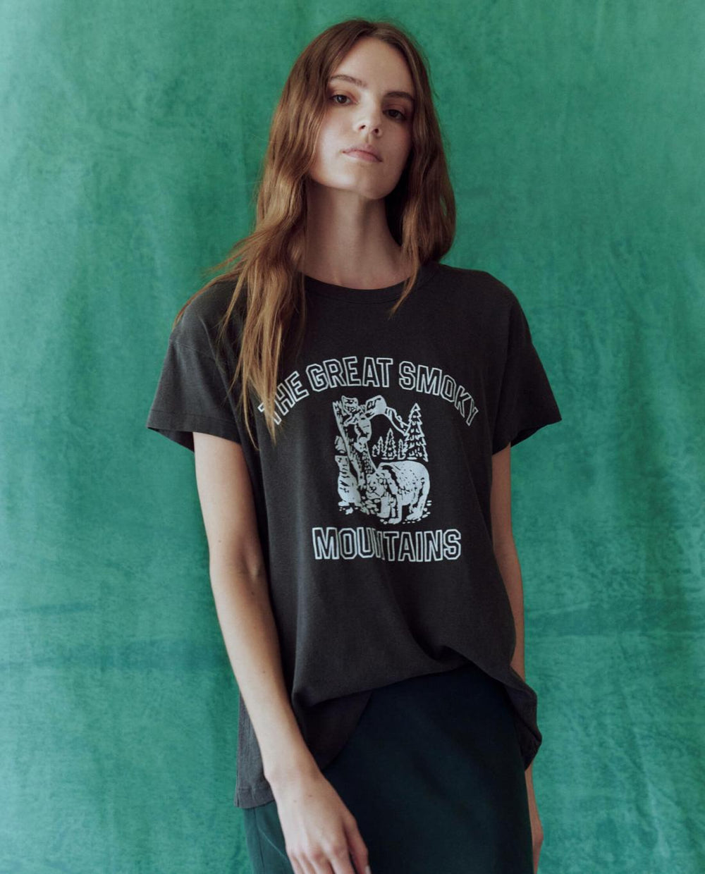 Novelty Tees & Sweats | Women The Great. The Boxy Crew. Graphic Washed Black With Great Smoky Mountains Grap