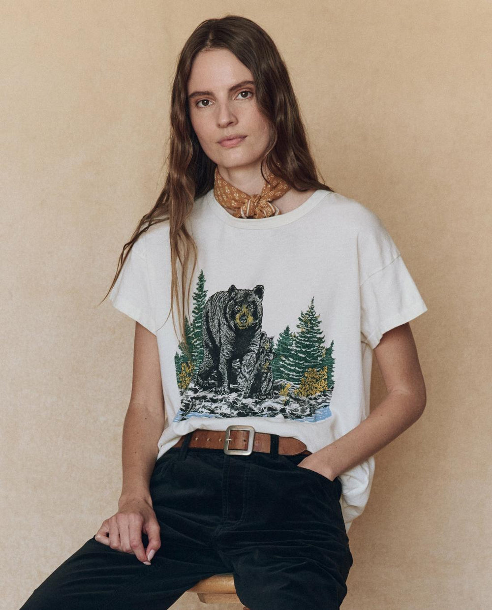 Novelty Tees & Sweats | Women The Great. The Boxy Crew. Graphic Washed White With Black Bear Graphic