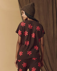 Novelty Tees & Sweats | Women The Great. The Hand Stamped Boxy Crew. Mocha With Hot Red Daisy