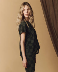 Novelty Tees & Sweats | Women The Great. The Hand Stamped Boxy Crew. Washed Black With Black Check