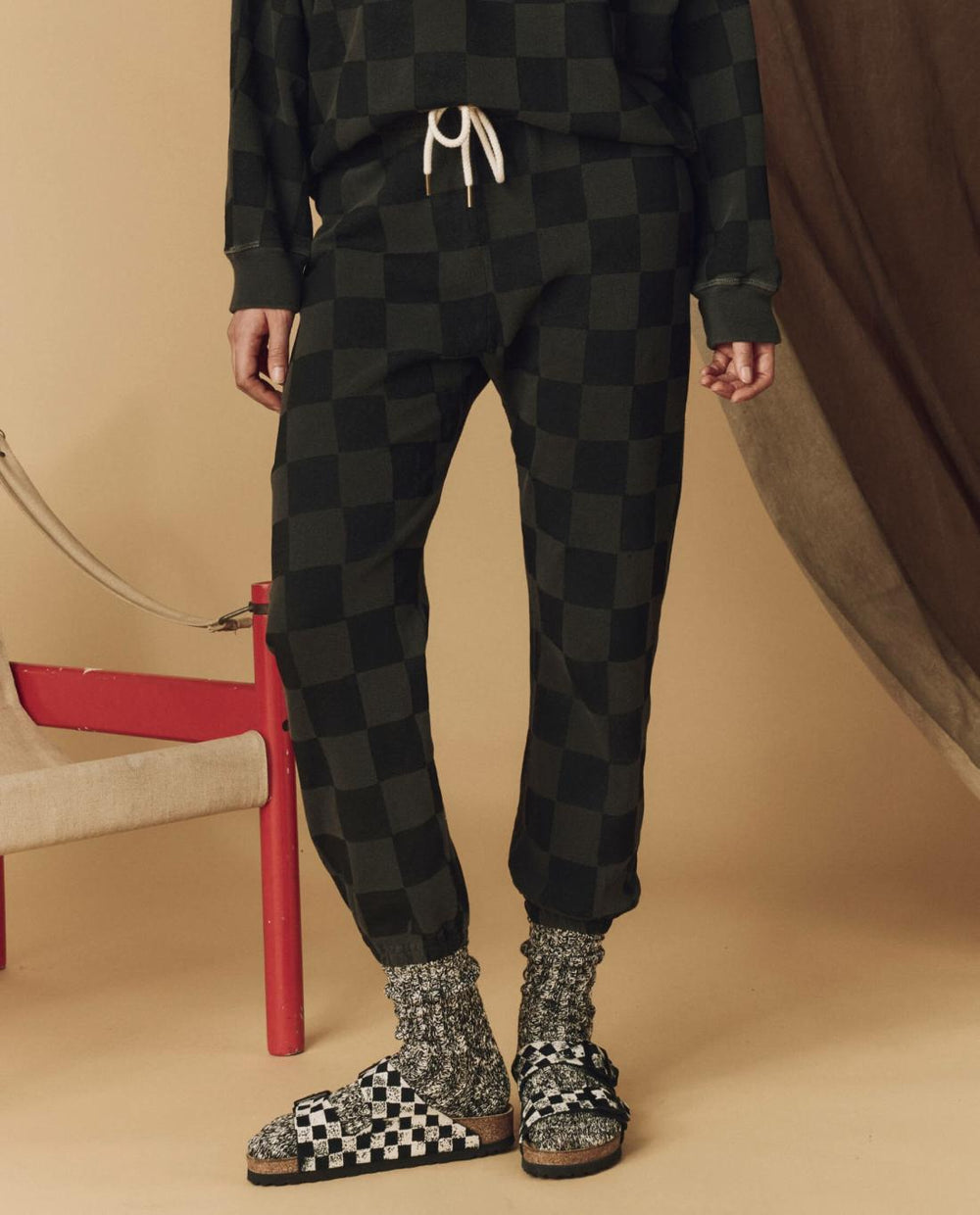 Novelty Tees & Sweats | Women The Great. The Hand Stamped Stadium Sweatpant. Washed Black With Black Check