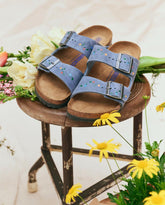 Shoes | Women The Great. BIRKENSTOCK Arizona With Hand Painted Tooled Vine. Dusty Blue Oiled