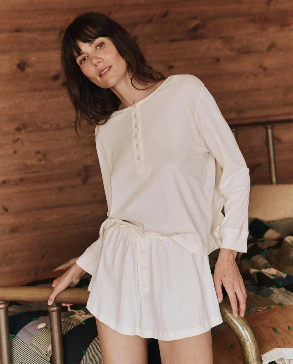 Sleep Tops | Women The Great. The Crop Sleep Henley. Washed White