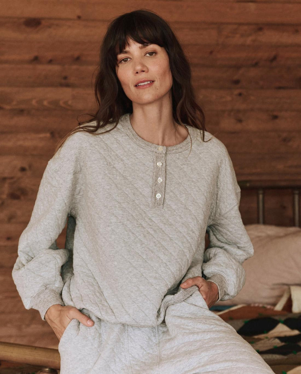 Sleep Tops | Women The Great. The Quilted Henley Sleep Sweatshirt. Heather Grey