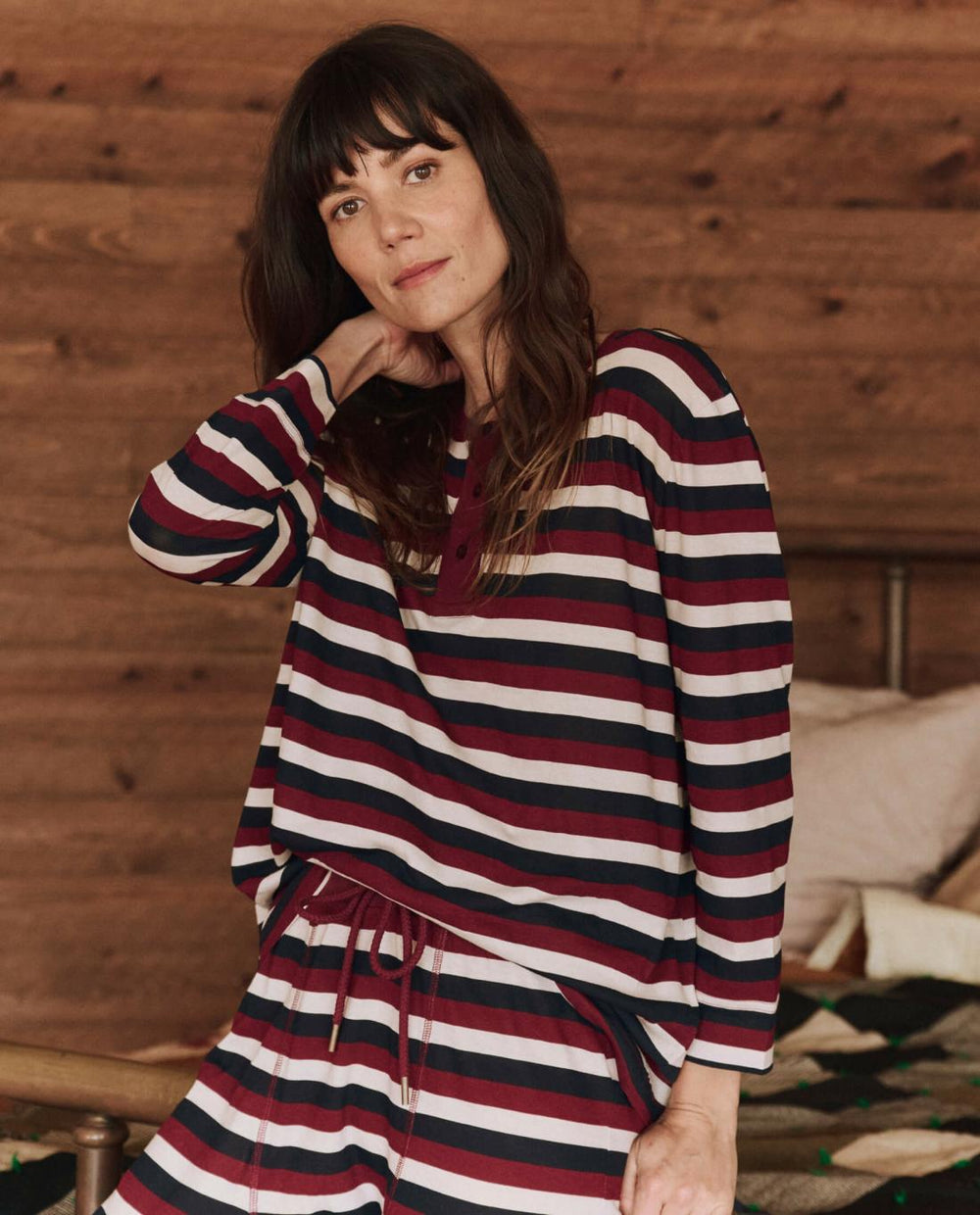 Sleep Tops | Women The Great. The Sleep Henley. Bordeaux Stripe