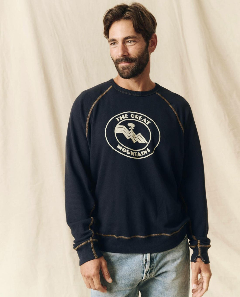 Tees & Sweats | Men The Great. The Men's College Sweatshirt. Graphic Stargazer Blue With Mountain
