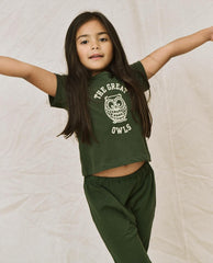 Tees & Sweats | Kids The Great. The Little Boxy Crew. Graphic Dark Forest With Owl Graphic