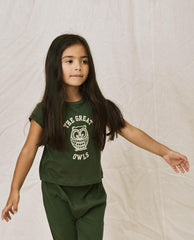 Tees & Sweats | Kids The Great. The Little Boxy Crew. Graphic Dark Forest With Owl Graphic