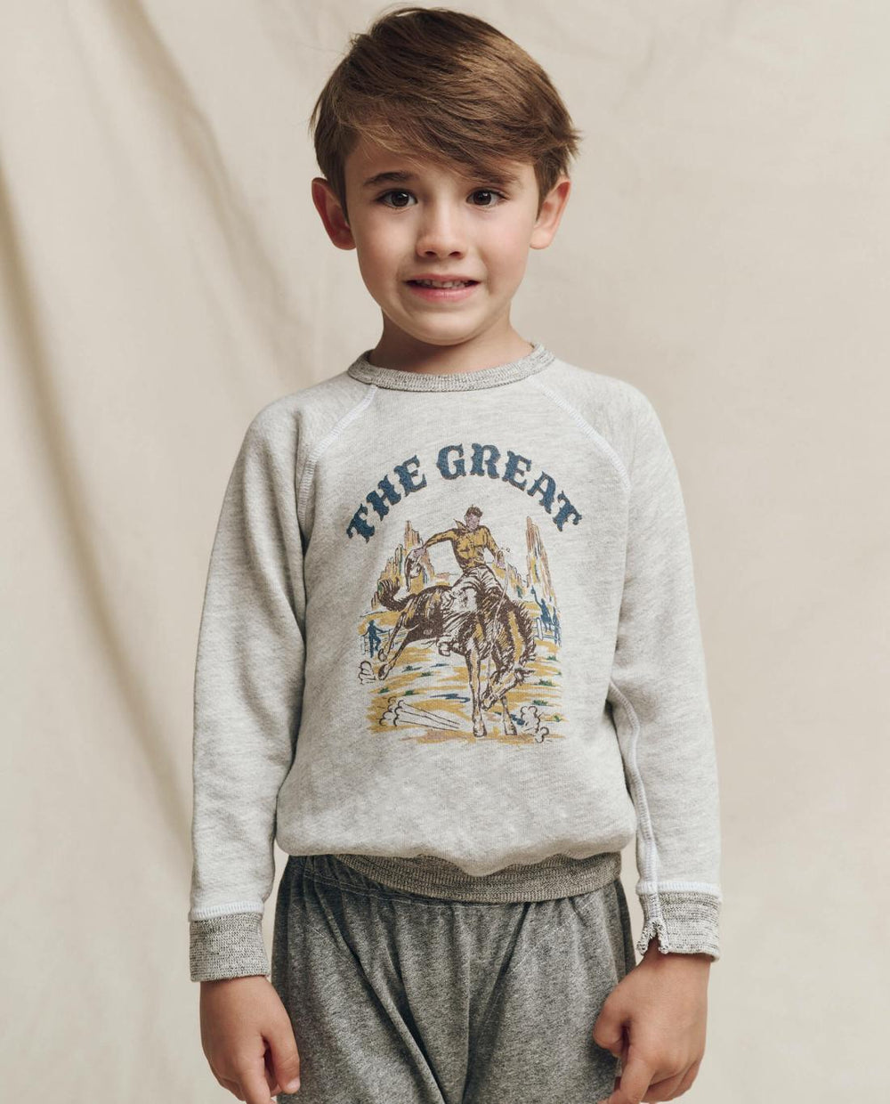 Tees & Sweats | Kids The Great. The Little College Sweatshirt. Graphic Soft Heather Grey With Rodeo
