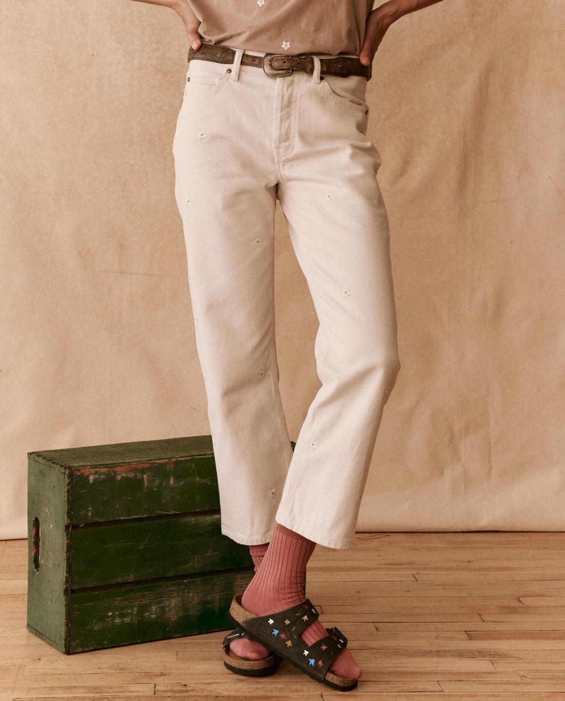 Denim | Women The Great. The Embroidered Daisy Wayne Jean.. Natural With Embroidered Daisies