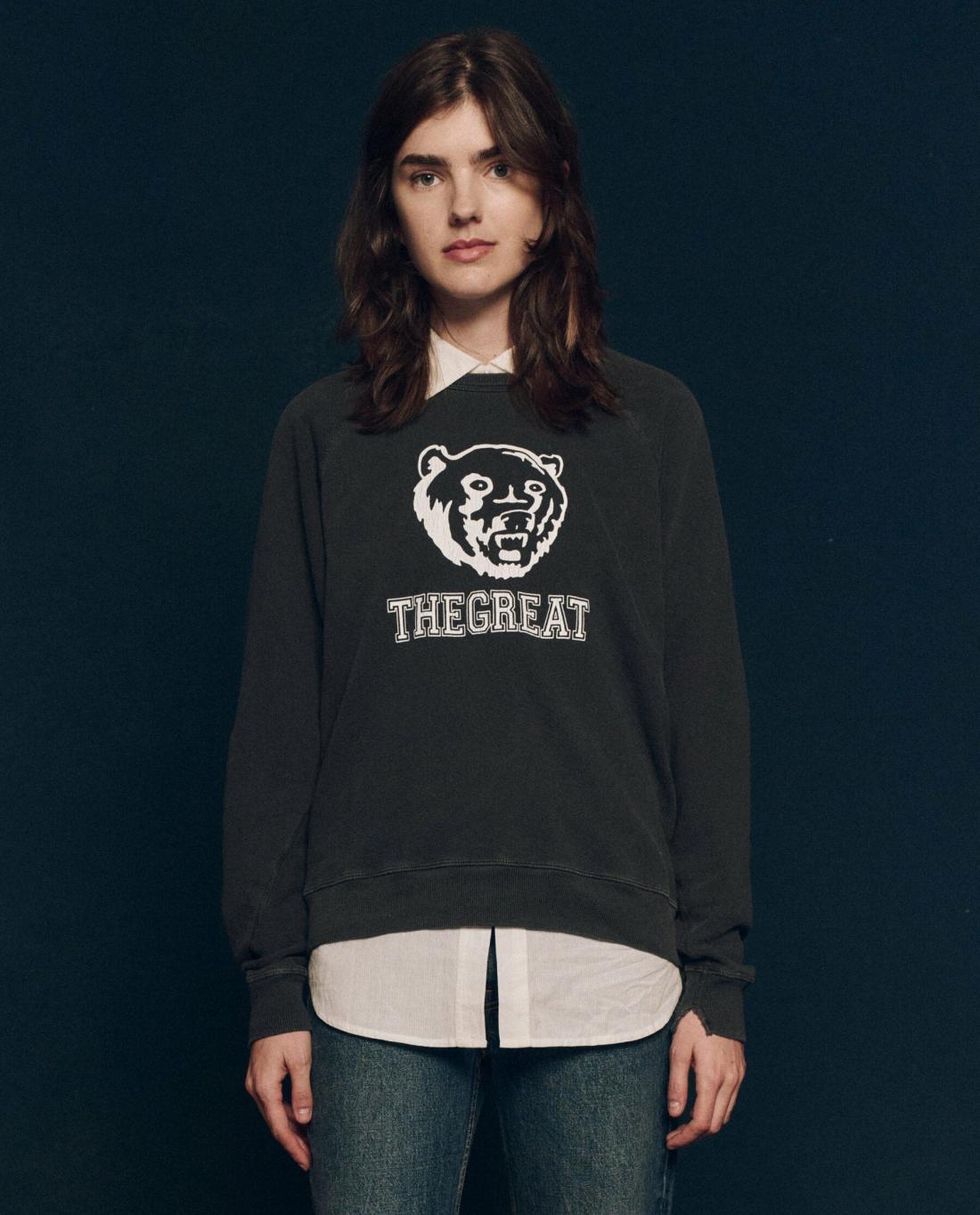 Novelty Tees &amp; Sweats | Women The Great. The College Sweatshirt. Graphic Washed Black With Bear Graphic