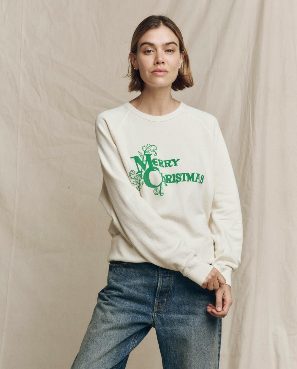 Novelty Tees &amp; Sweats | Women The Great. The College Sweatshirt. Graphic Washed White With Merry Christmas G