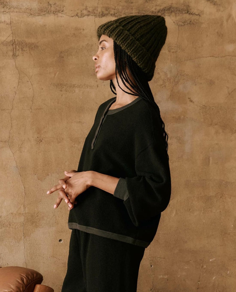 Novelty Tees &amp; Sweats | Women The Great. The Fleece Henley Sweatshirt. Almost Black