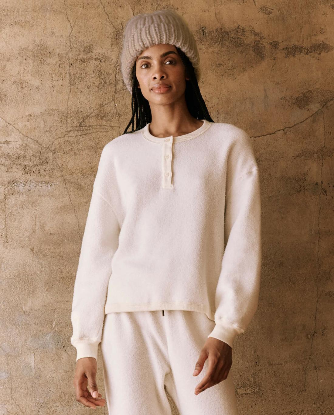 Novelty Tees &amp; Sweats | Women The Great. The Fleece Henley Sweatshirt. Washed White