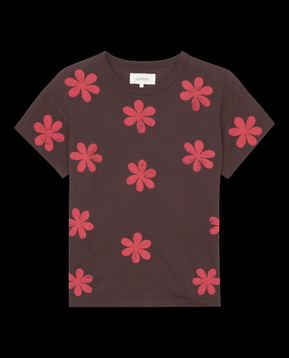 Novelty Tees &amp; Sweats | Women The Great. The Hand Stamped Boxy Crew. Mocha With Hot Red Daisy