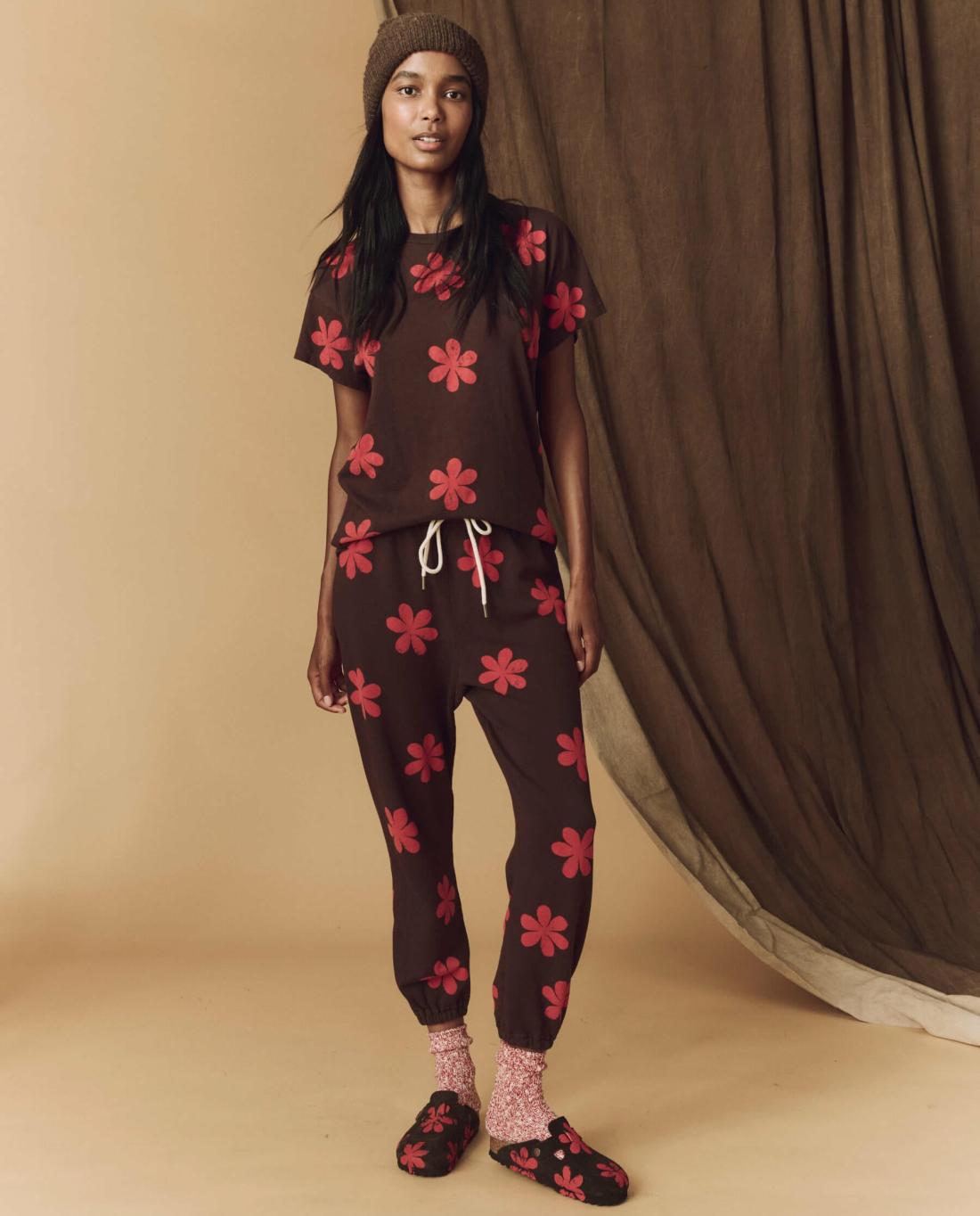 Novelty Tees &amp; Sweats | Women The Great. The Hand Stamped Boxy Crew. Mocha With Hot Red Daisy