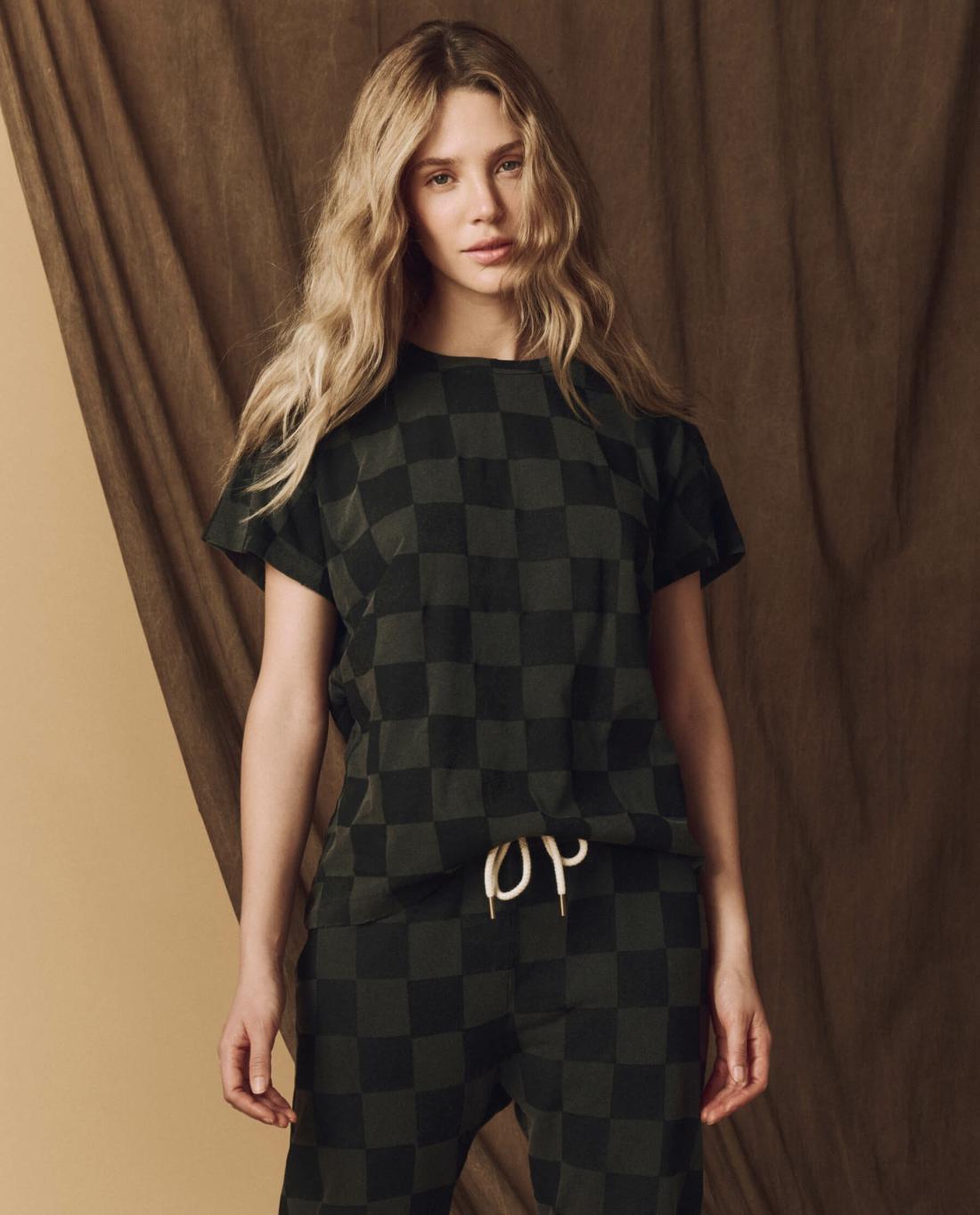 Novelty Tees &amp; Sweats | Women The Great. The Hand Stamped Boxy Crew. Washed Black With Black Check