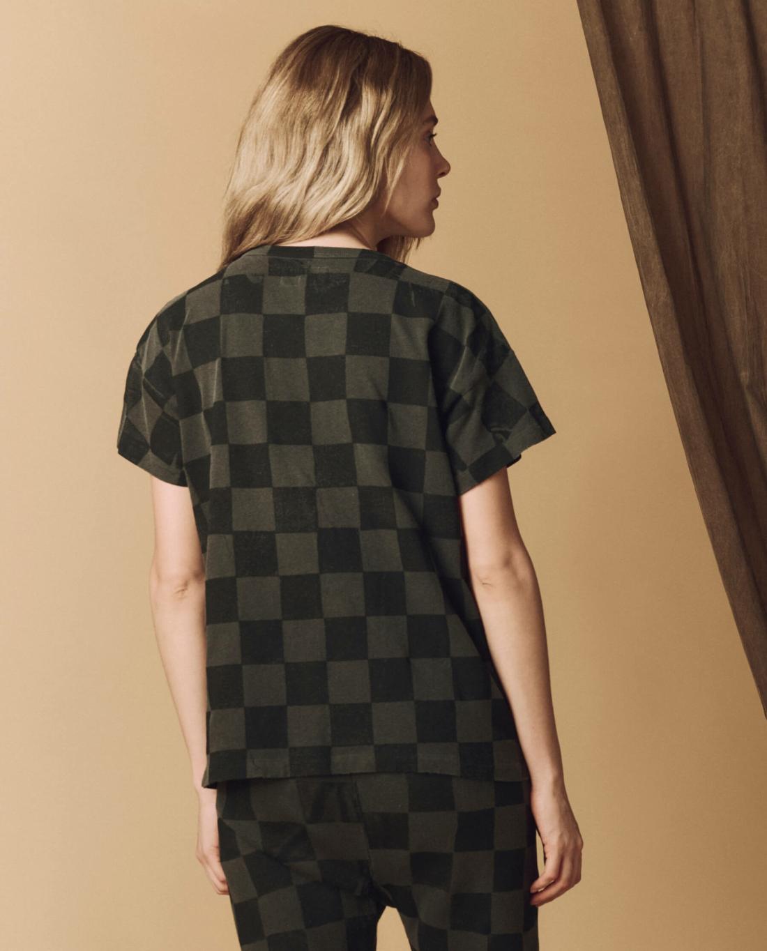 Novelty Tees &amp; Sweats | Women The Great. The Hand Stamped Boxy Crew. Washed Black With Black Check