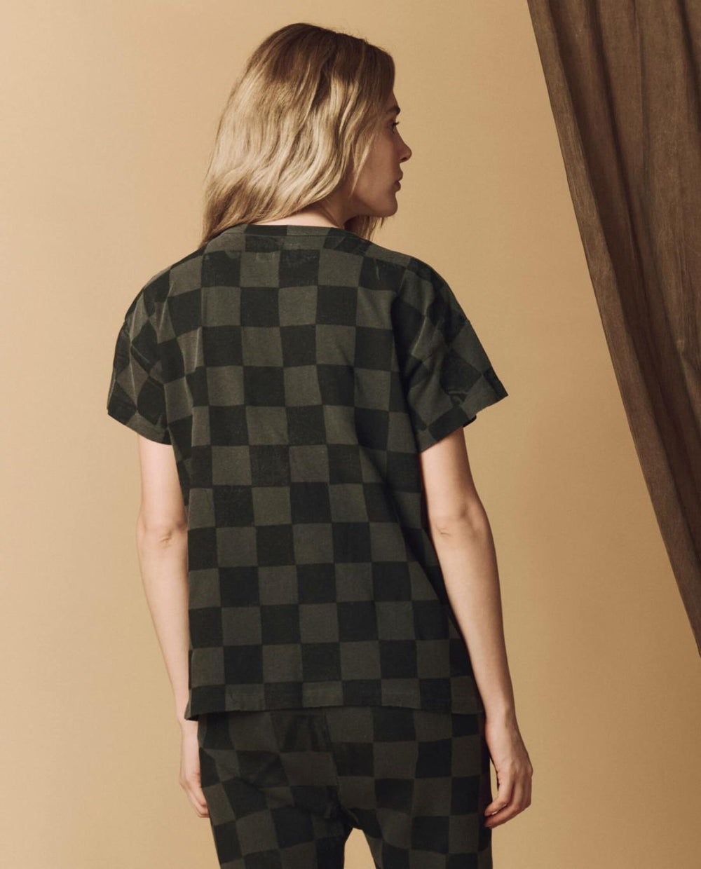 Novelty Tees &amp; Sweats | Women The Great. The Hand Stamped Boxy Crew. Washed Black With Black Check