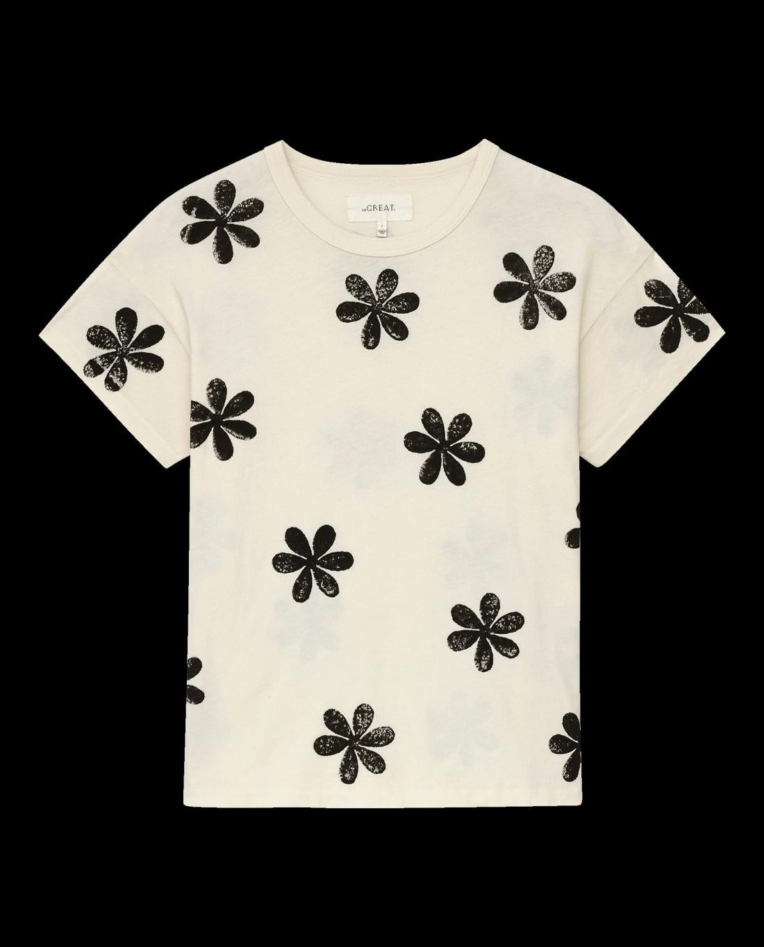 Novelty Tees &amp; Sweats | Women The Great. The Hand Stamped Boxy Crew. Washed White With Black Daisy