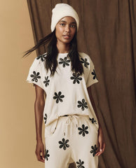 Novelty Tees &amp; Sweats | Women The Great. The Hand Stamped Boxy Crew. Washed White With Black Daisy