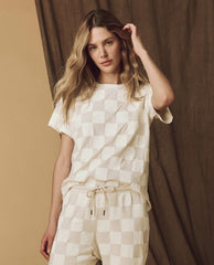 Novelty Tees &amp; Sweats | Women The Great. The Hand Stamped Boxy Crew. Washed White With White Check