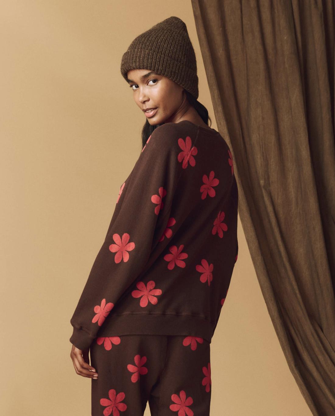 Novelty Tees &amp; Sweats | Women The Great. The Hand Stamped Slouch Sweatshirt. Mocha With Hot Red Daisy