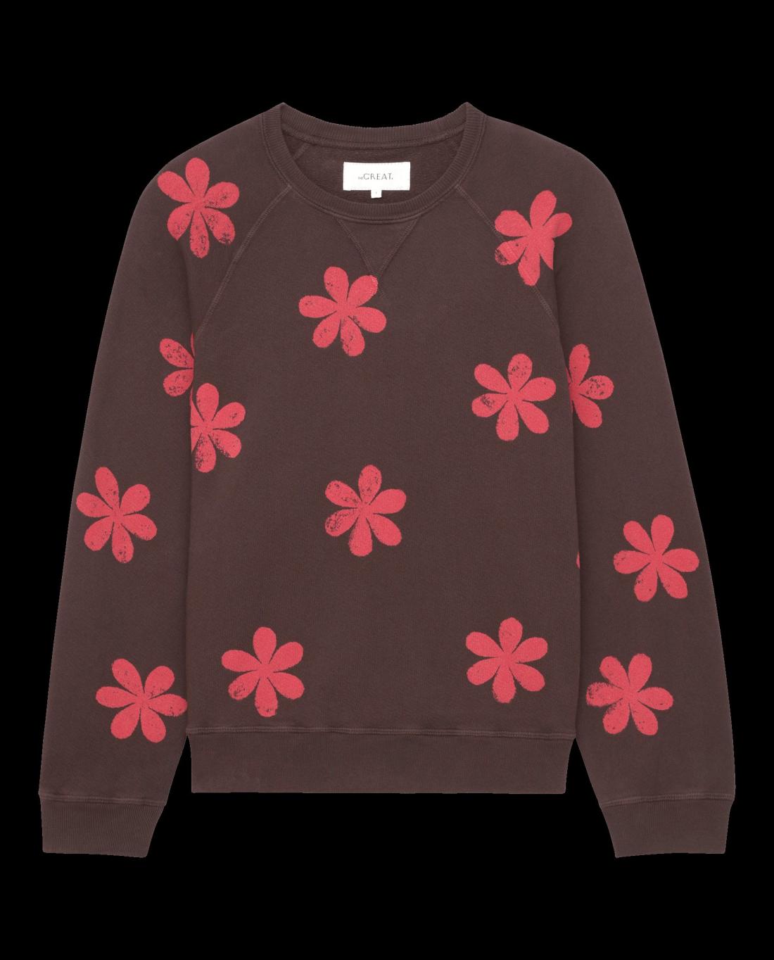 Novelty Tees &amp; Sweats | Women The Great. The Hand Stamped Slouch Sweatshirt. Mocha With Hot Red Daisy