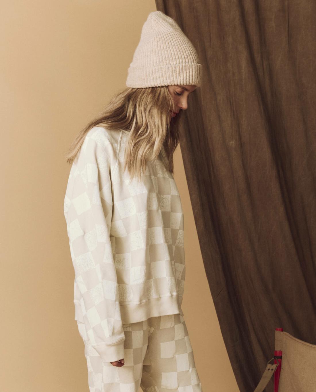 Novelty Tees &amp; Sweats | Women The Great. The Hand Stamped Slouch Sweatshirt. Washed White With White Check