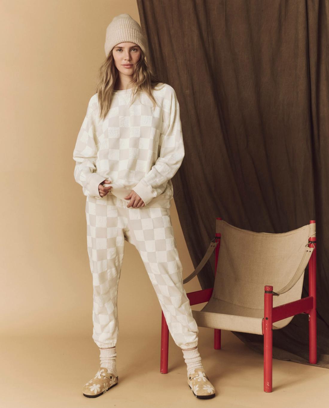 Novelty Tees &amp; Sweats | Women The Great. The Hand Stamped Slouch Sweatshirt. Washed White With White Check