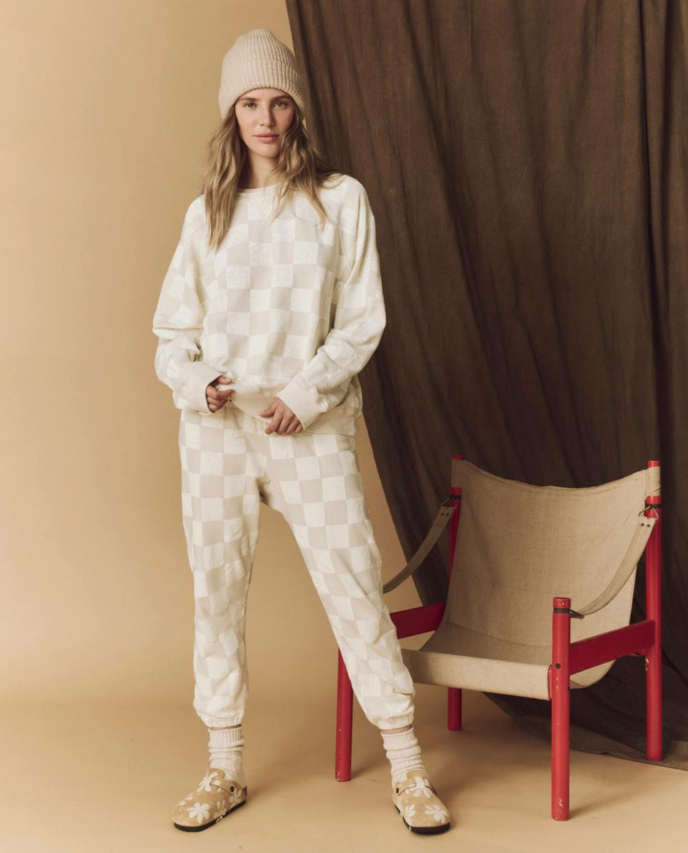 Novelty Tees &amp; Sweats | Women The Great. The Hand Stamped Slouch Sweatshirt. Washed White With White Check