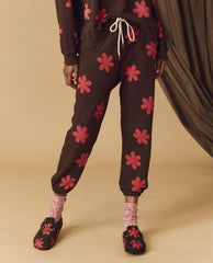 Novelty Tees &amp; Sweats | Women The Great. The Hand Stamped Stadium Sweatpant. Mocha With Hot Red Daisy