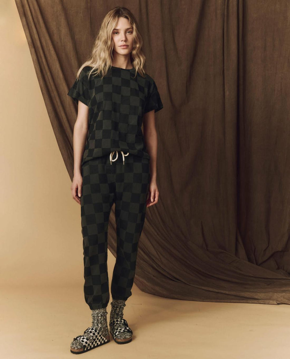 Novelty Tees &amp; Sweats | Women The Great. The Hand Stamped Stadium Sweatpant. Washed Black With Black Check