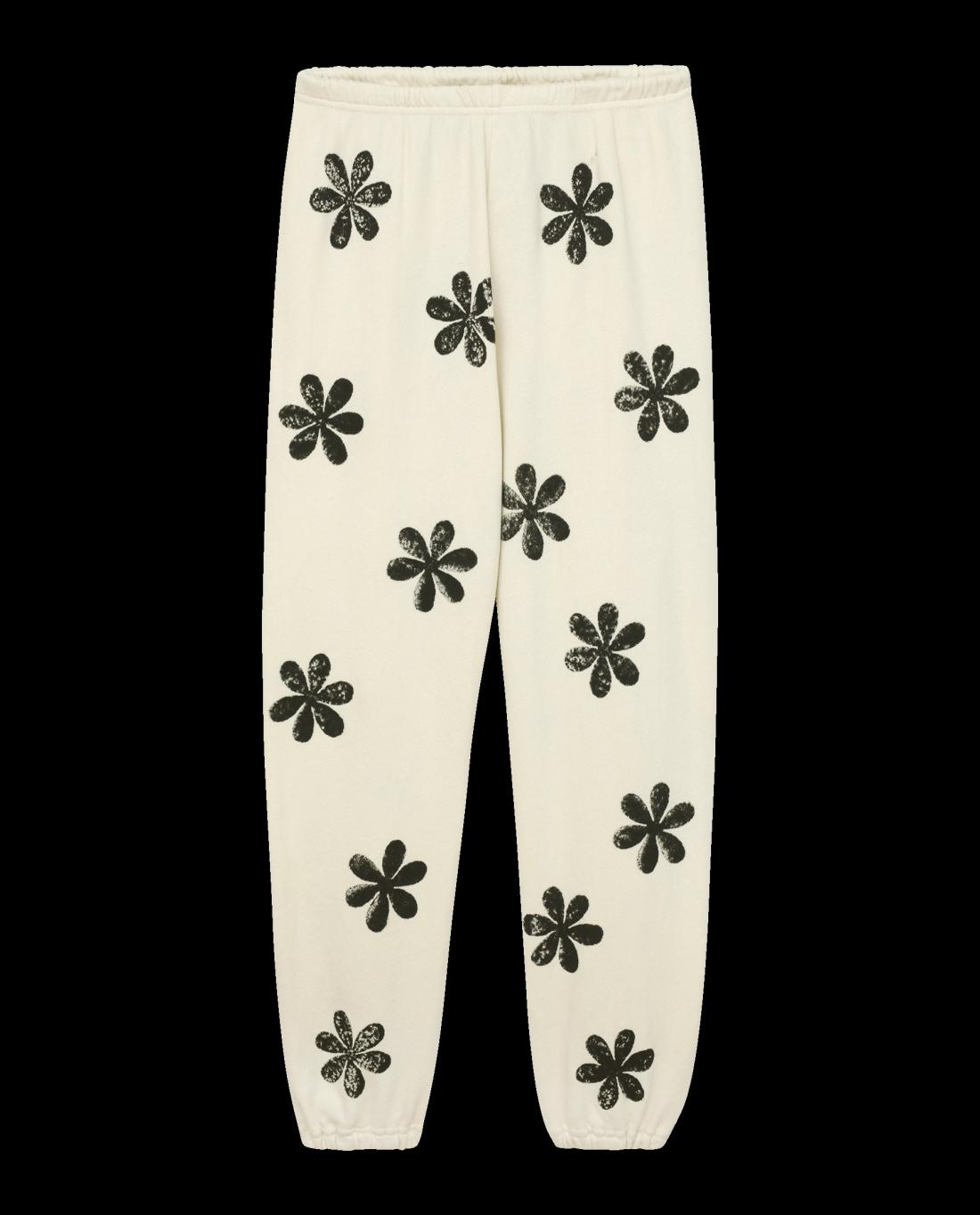 Novelty Tees &amp; Sweats | Women The Great. The Hand Stamped Stadium Sweatpant. Washed White With Black Daisy
