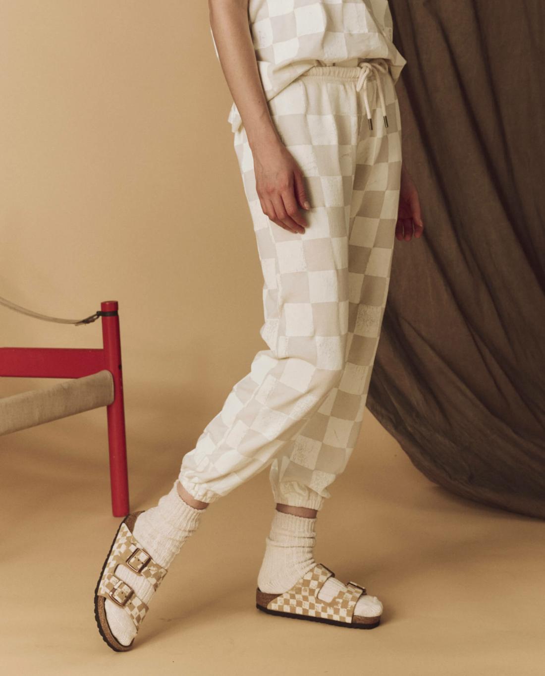 Novelty Tees &amp; Sweats | Women The Great. The Hand Stamped Stadium Sweatpant. Washed White With White Check