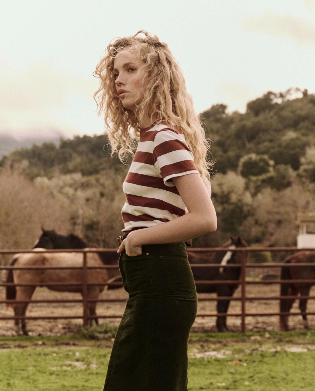 Novelty Tees &amp; Sweats | Women The Great. The Little Tee. Novelty Cognac Stripe