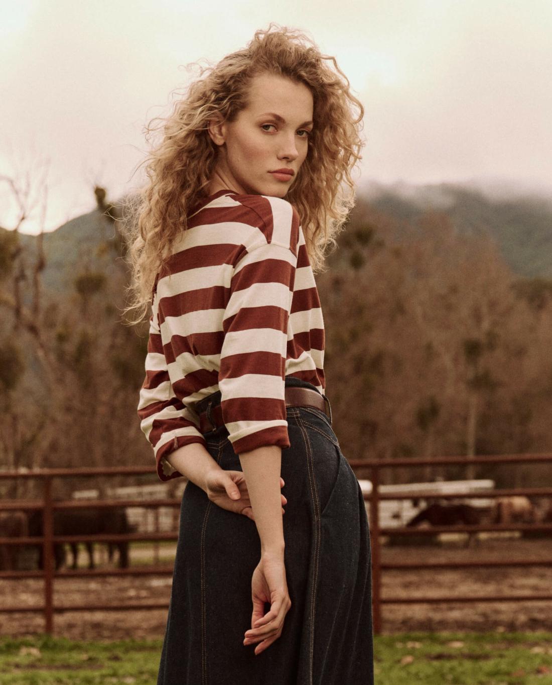 Novelty Tees &amp; Sweats | Women The Great. The Shrunken Henley. Stripe Cognac Stripe