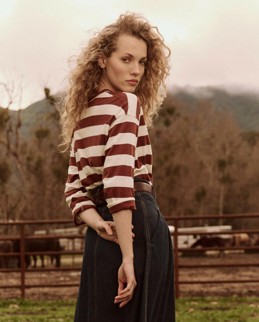 Novelty Tees &amp; Sweats | Women The Great. The Shrunken Henley. Stripe Cognac Stripe