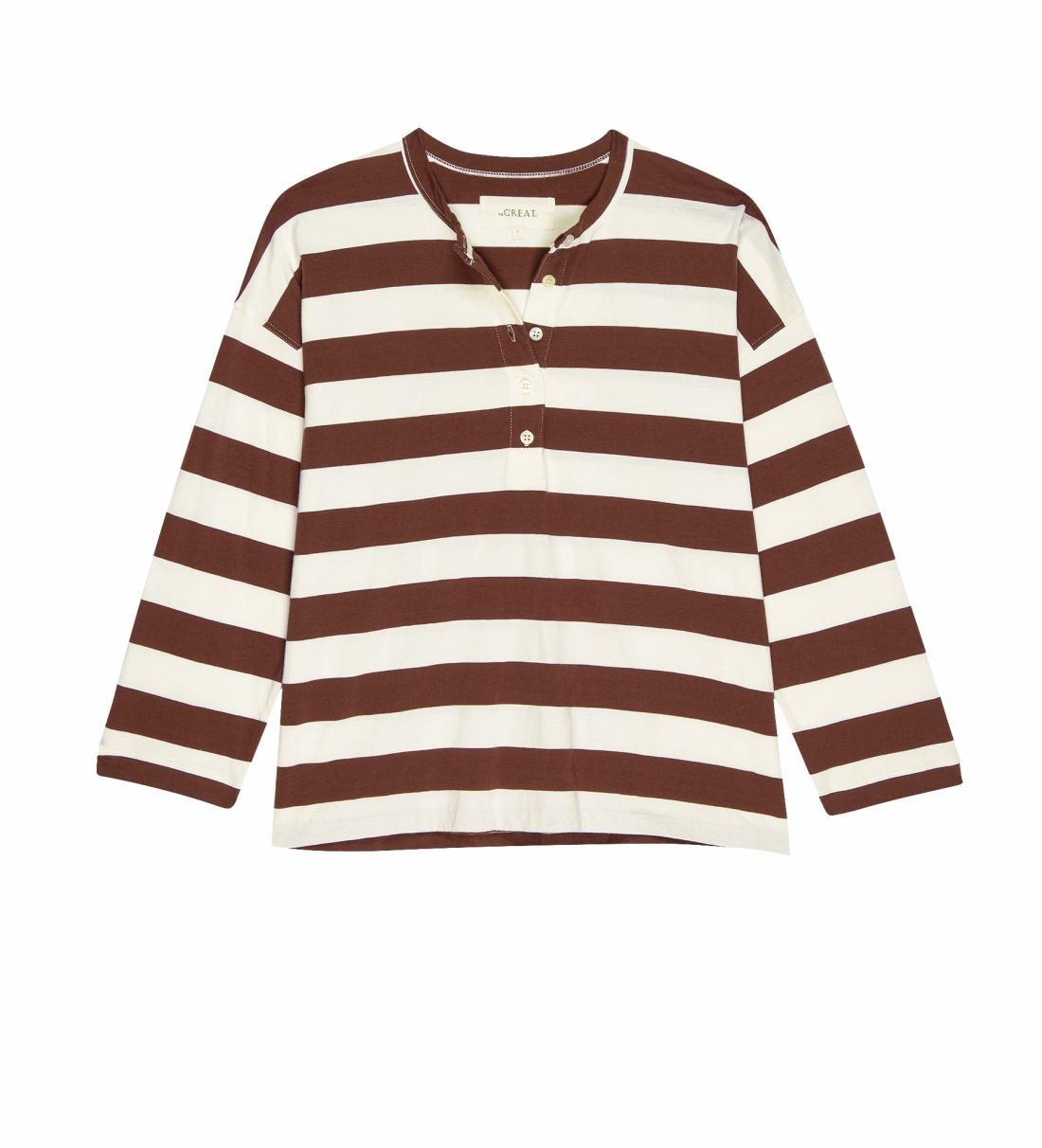 Novelty Tees &amp; Sweats | Women The Great. The Shrunken Henley. Stripe Cognac Stripe
