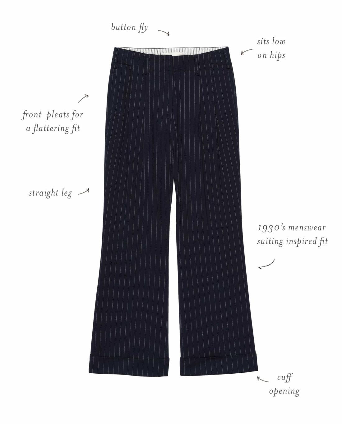 Pants | Women The Great. The Tradesman Pant. Navy Pin Stripe
