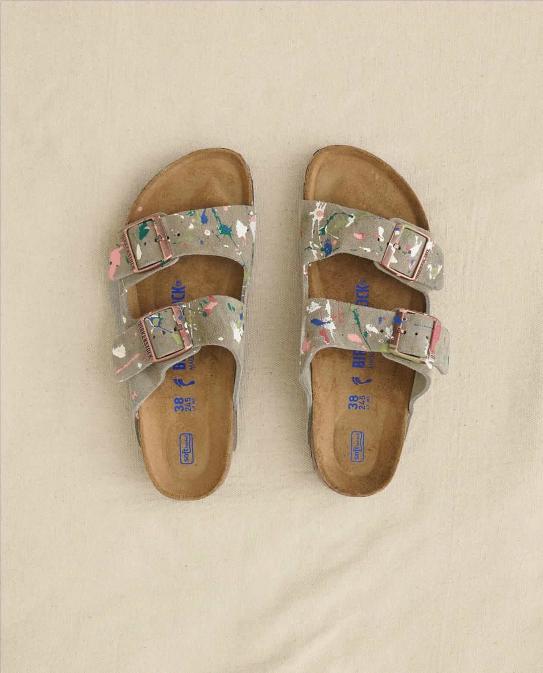 Shoes | Women The Great. Arizona Taupe Birkenstock With Paint. Taupe With Bright Multi Paint