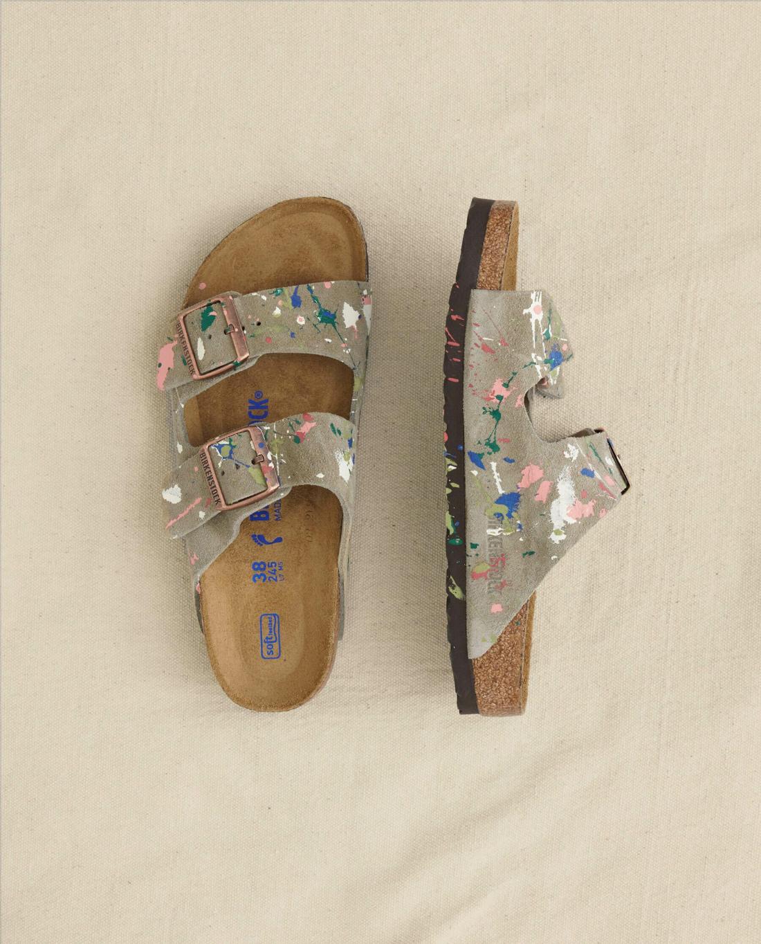 Shoes | Women The Great. Arizona Taupe Birkenstock With Paint. Taupe With Bright Multi Paint