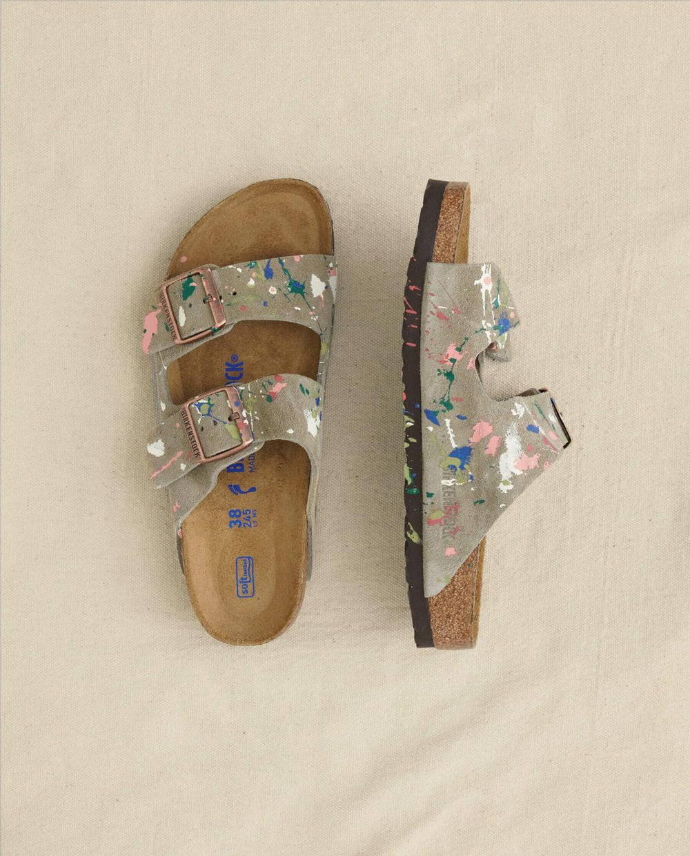 Shoes | Women The Great. Arizona Taupe Birkenstock With Paint. Taupe With Bright Multi Paint