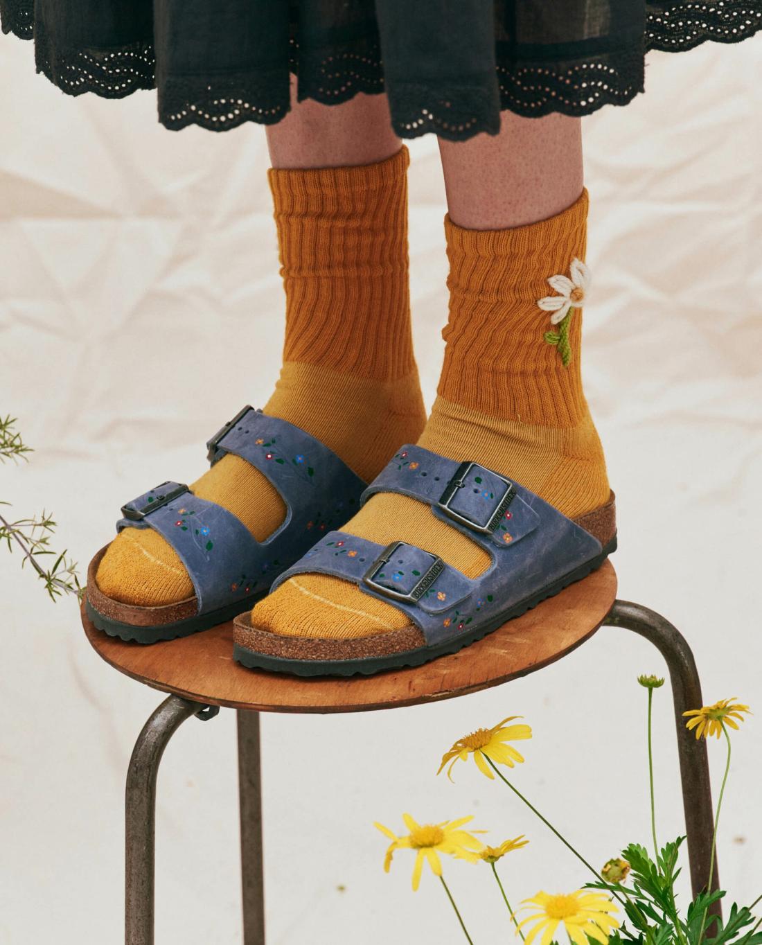 Shoes | Women The Great. BIRKENSTOCK Arizona With Hand Painted Tooled Vine. Dusty Blue Oiled