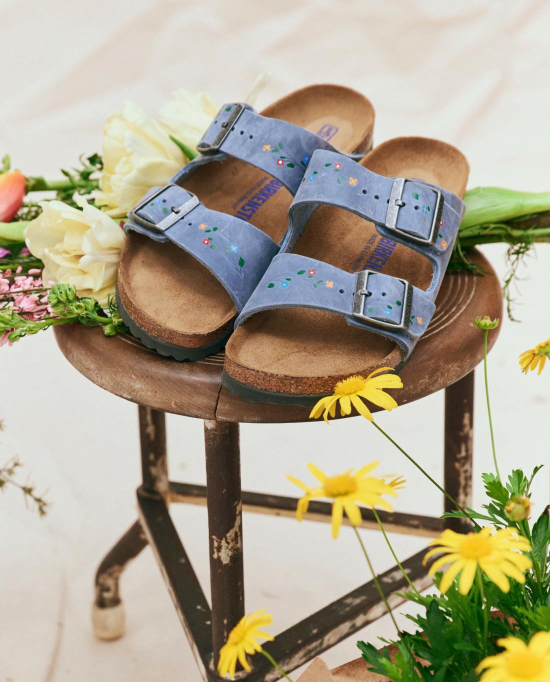 Shoes | Women The Great. BIRKENSTOCK Arizona With Hand Painted Tooled Vine. Dusty Blue Oiled