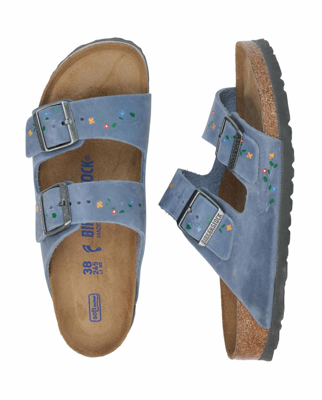 Shoes | Women The Great. BIRKENSTOCK Arizona With Hand Painted Tooled Vine. Dusty Blue Oiled