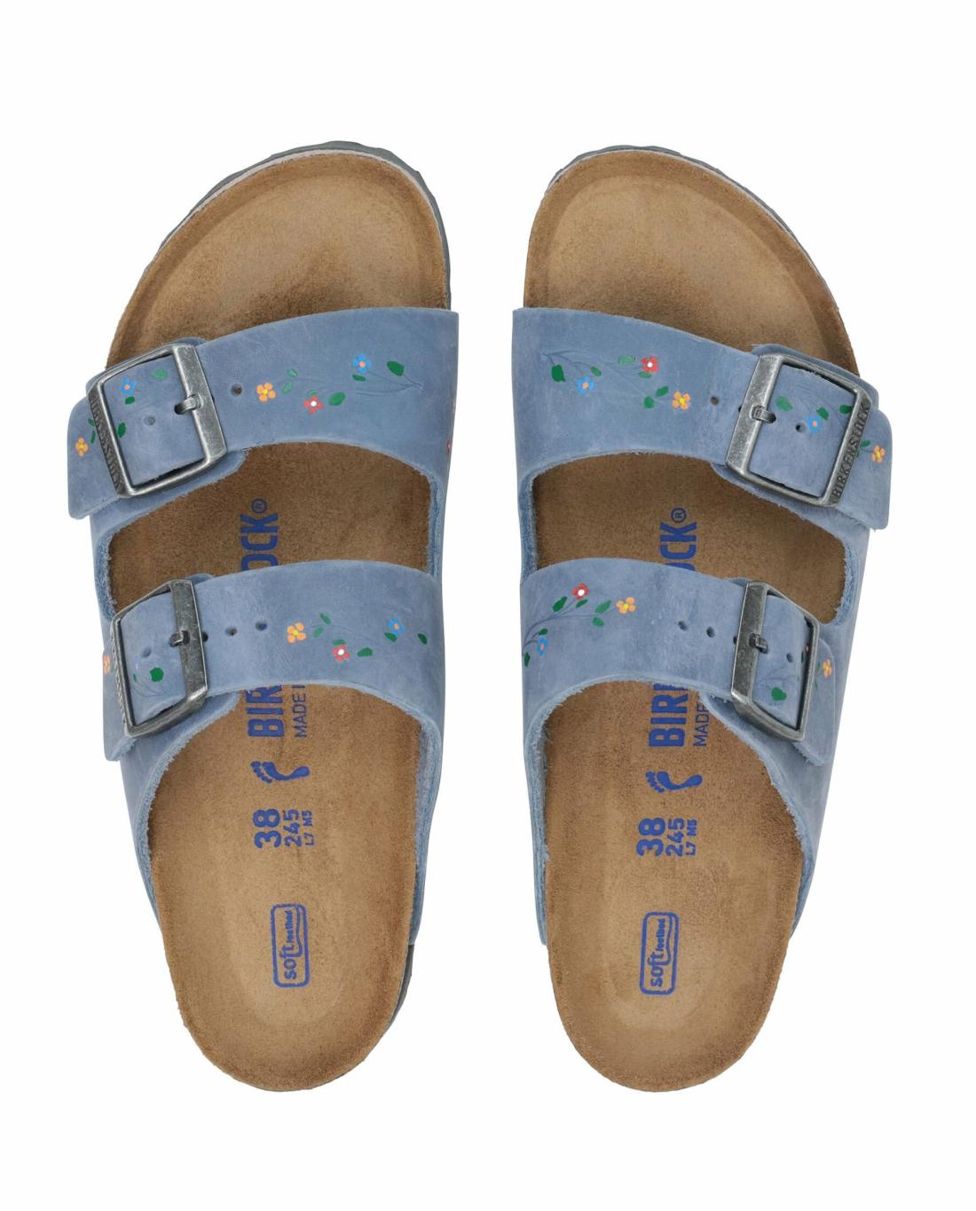 Shoes | Women The Great. BIRKENSTOCK Arizona With Hand Painted Tooled Vine. Dusty Blue Oiled