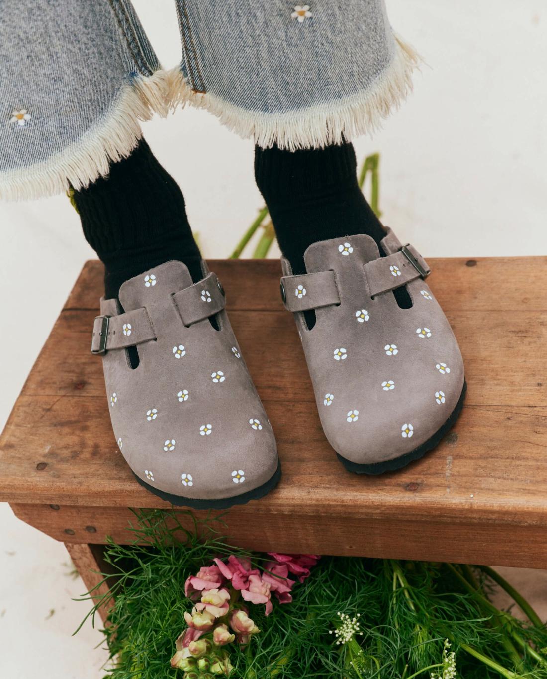 Shoes | Women The Great. BIRKENSTOCK Boston With Hand Painted Tooled Daisy. Iron Oiled Leath