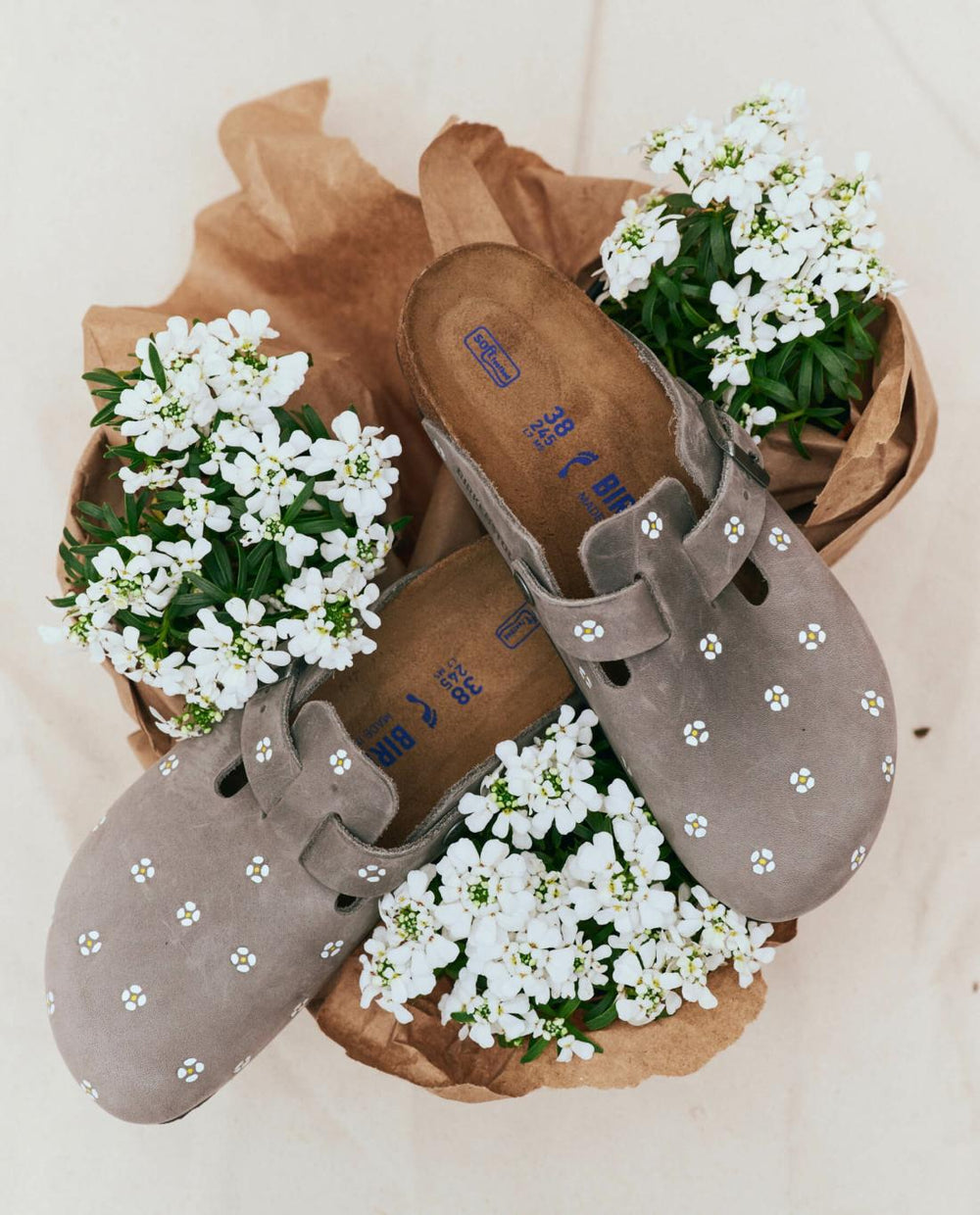 Shoes | Women The Great. BIRKENSTOCK Boston With Hand Painted Tooled Daisy. Iron Oiled Leath